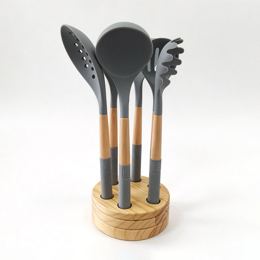 7-Piece Silicone Utensil Set with Round Wood Stand