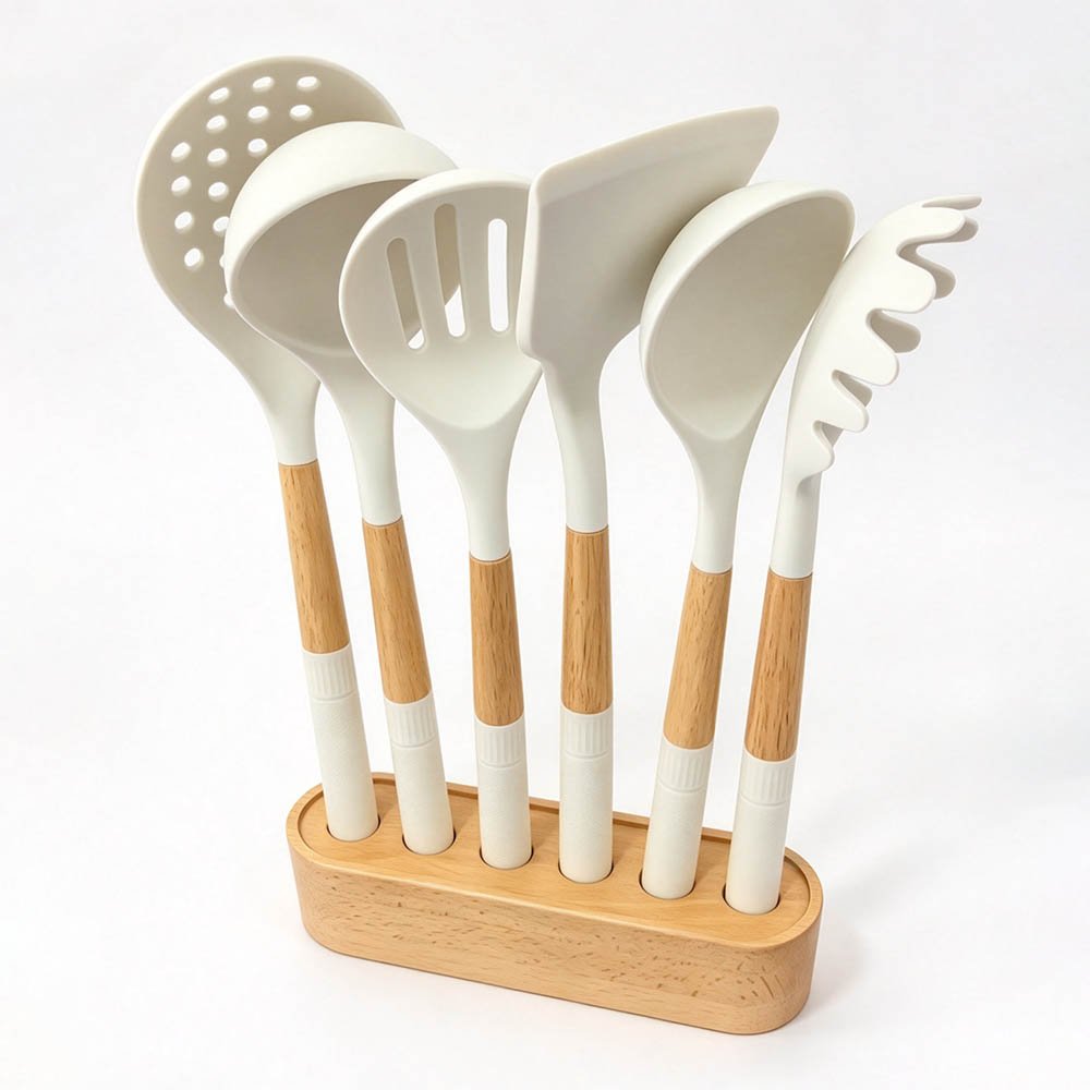 7-Piece Silicone Utensil Set with Straight Wood Stand