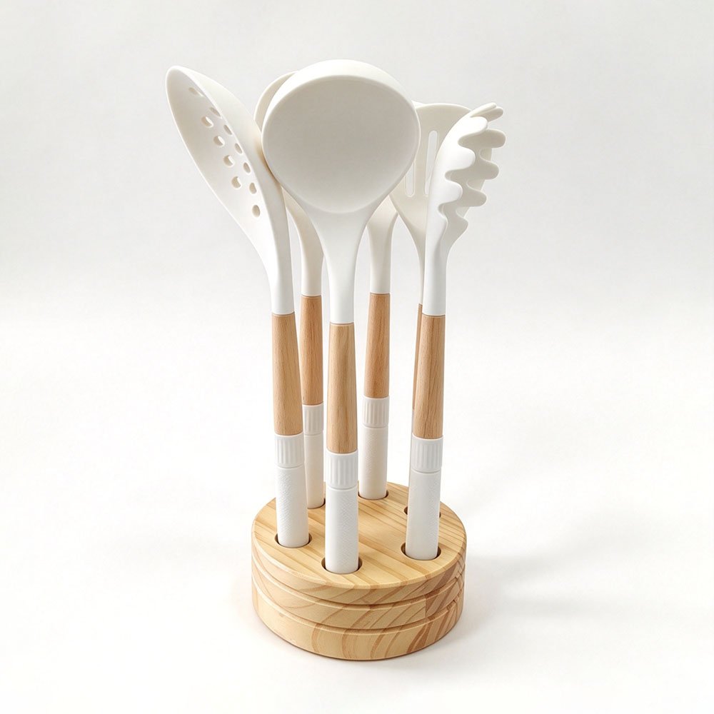 7-Piece Silicone Utensil Set with Round Wood Stand