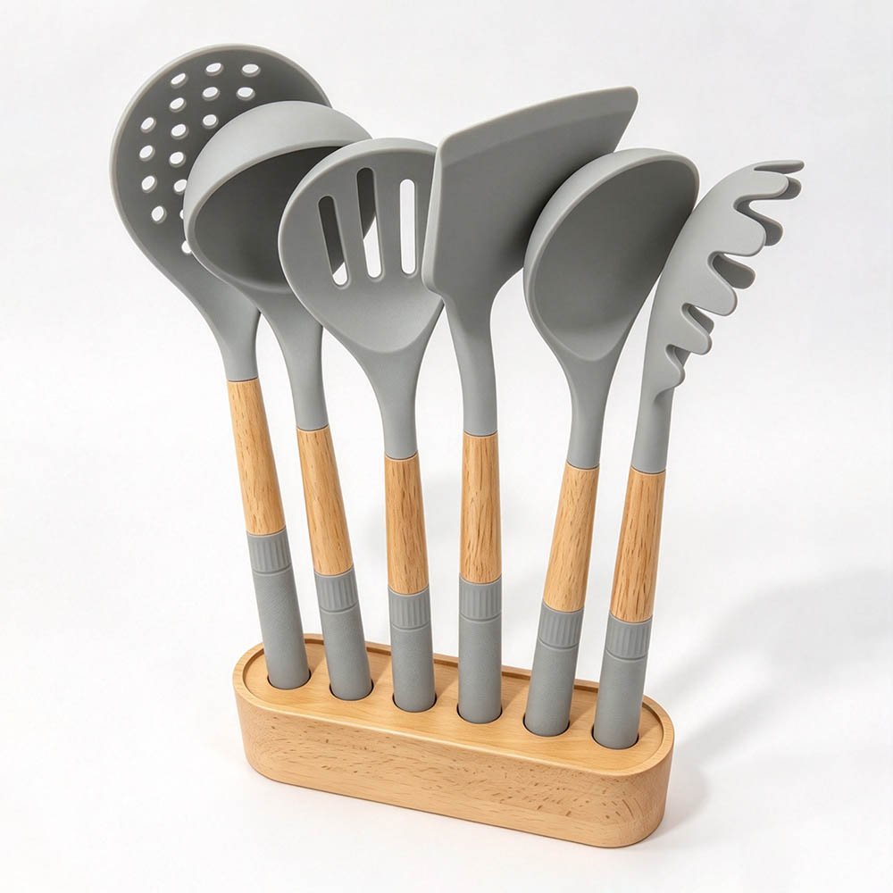 7-Piece Silicone Utensil Set with Straight Wood Stand