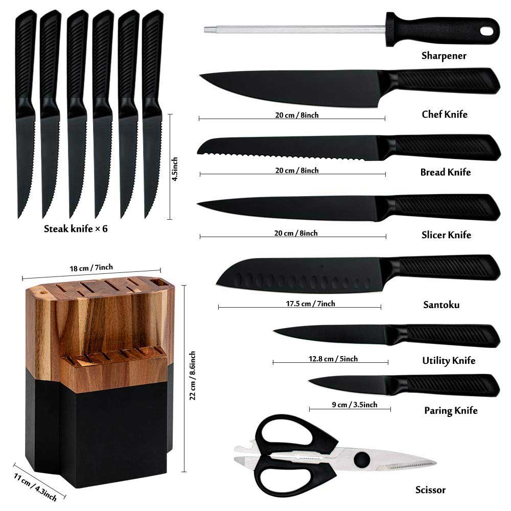 15-Piece Black Stainless Steel Knife Set with Wood Block