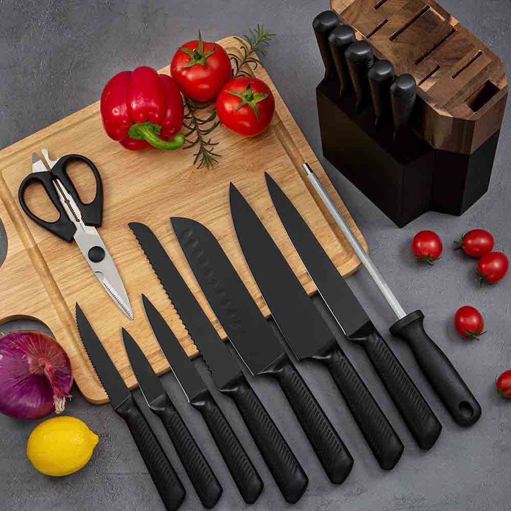 15-Piece Black Stainless Steel Knife Set with Wood Block
