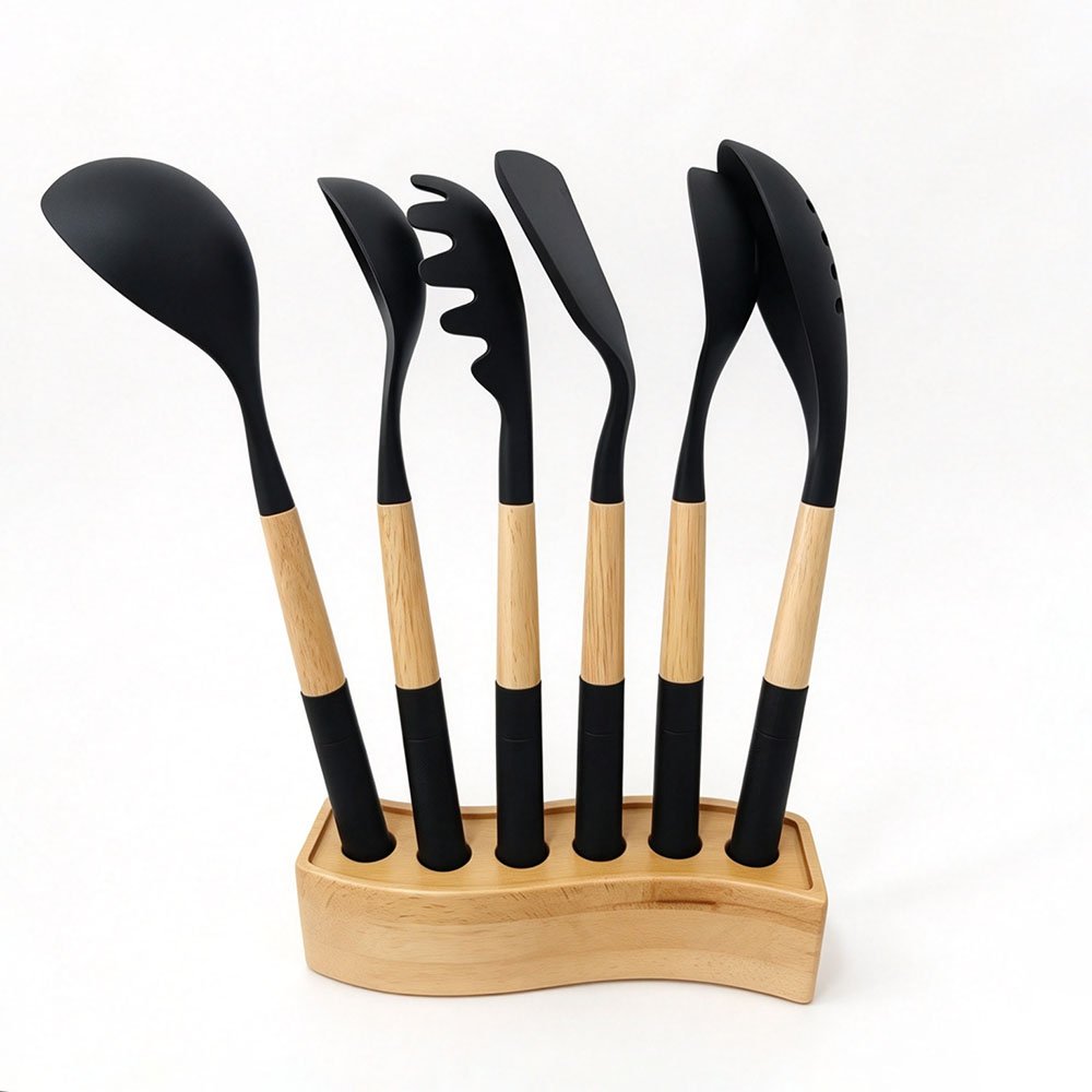 7-Piece Silicone Utensil Set with Wavy Wood Stand