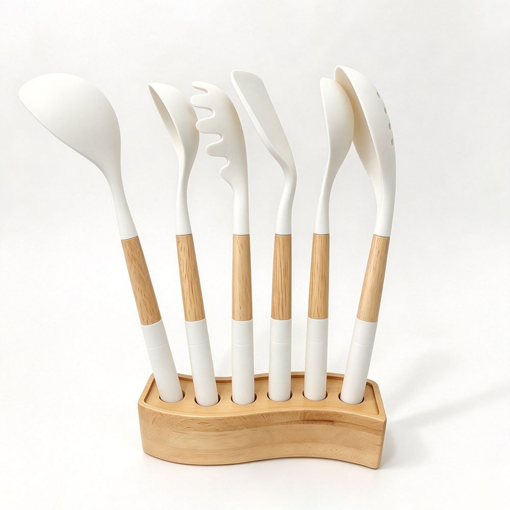 7-Piece Silicone Utensil Set with Wavy Wood Stand