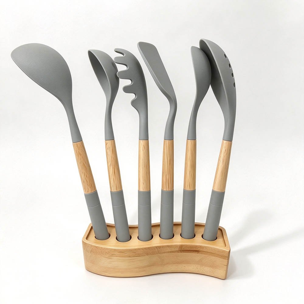 7-Piece Silicone Utensil Set with Wavy Wood Stand