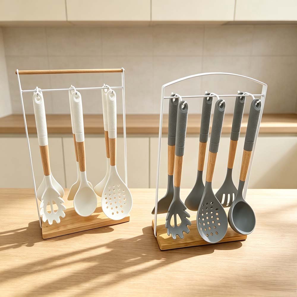 7-Piece Silicone Utensil Set with Square Iron Stand
