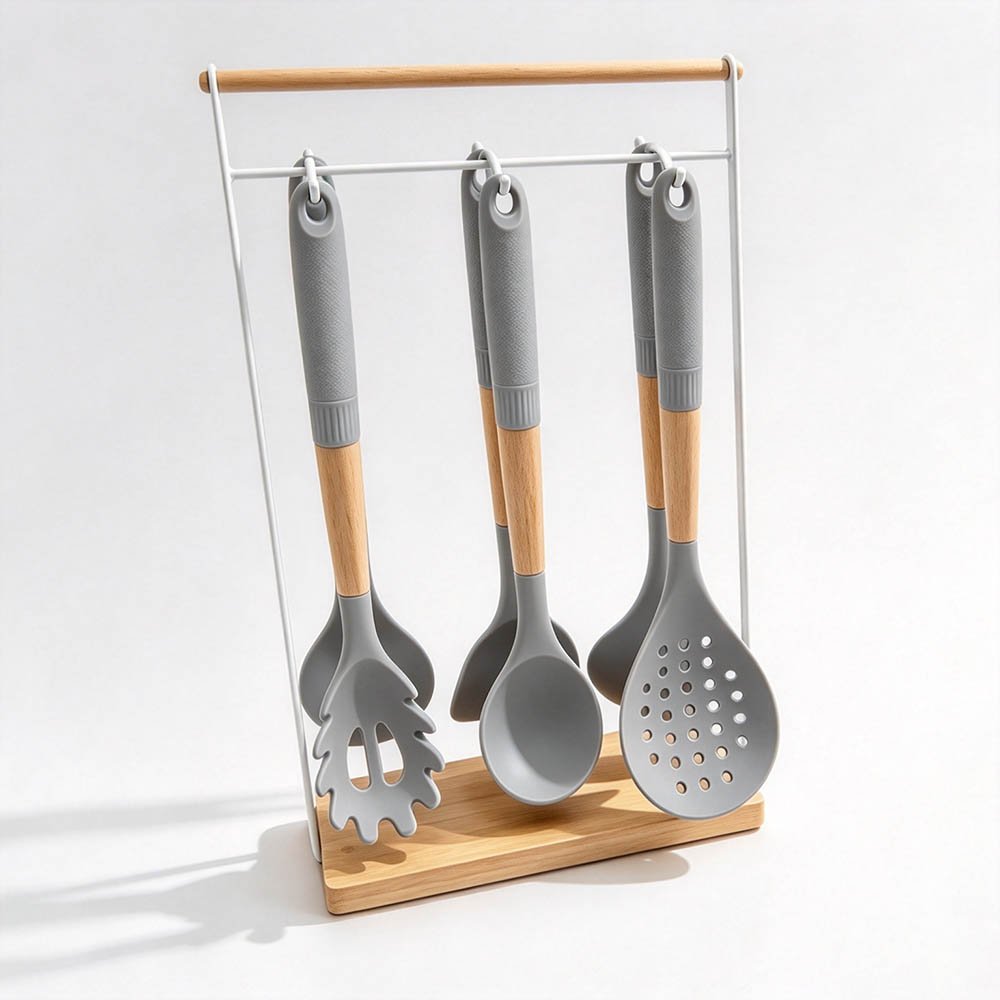 7-Piece Silicone Utensil Set with Square Iron Stand