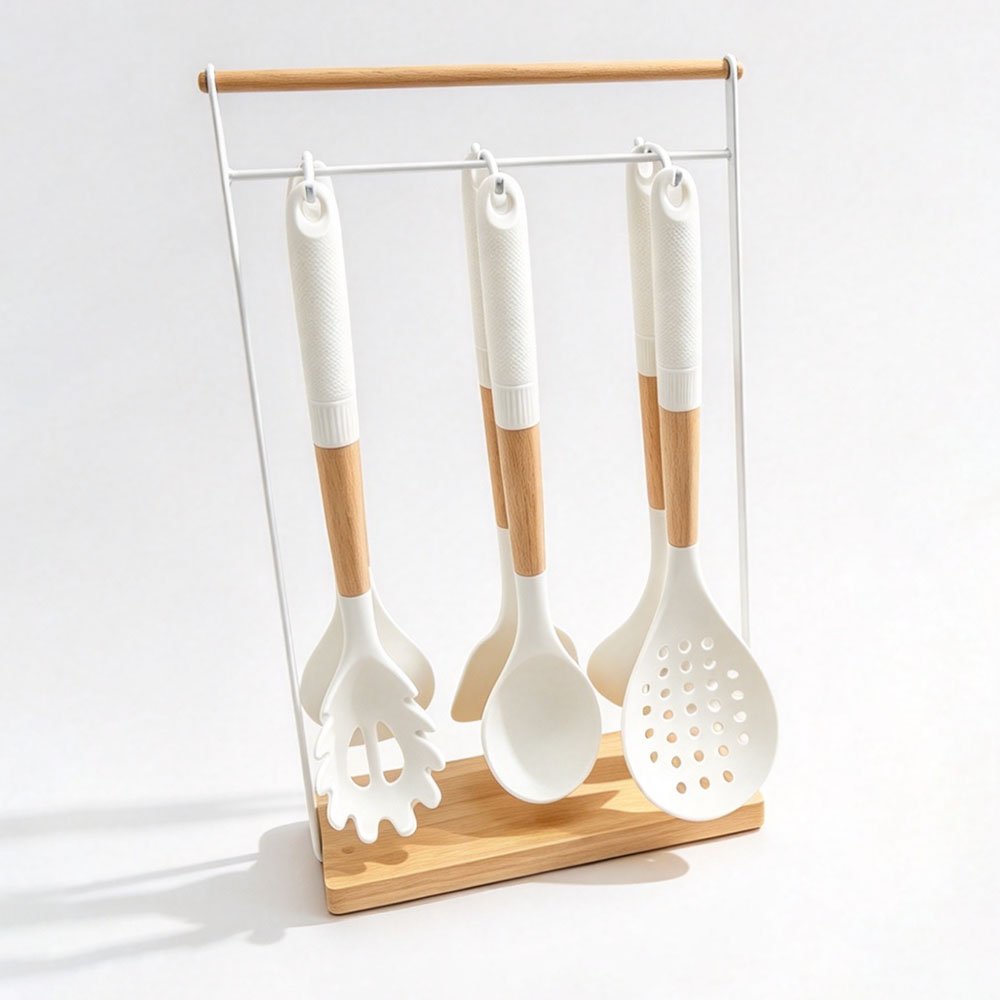7-Piece Silicone Utensil Set with Square Iron Stand