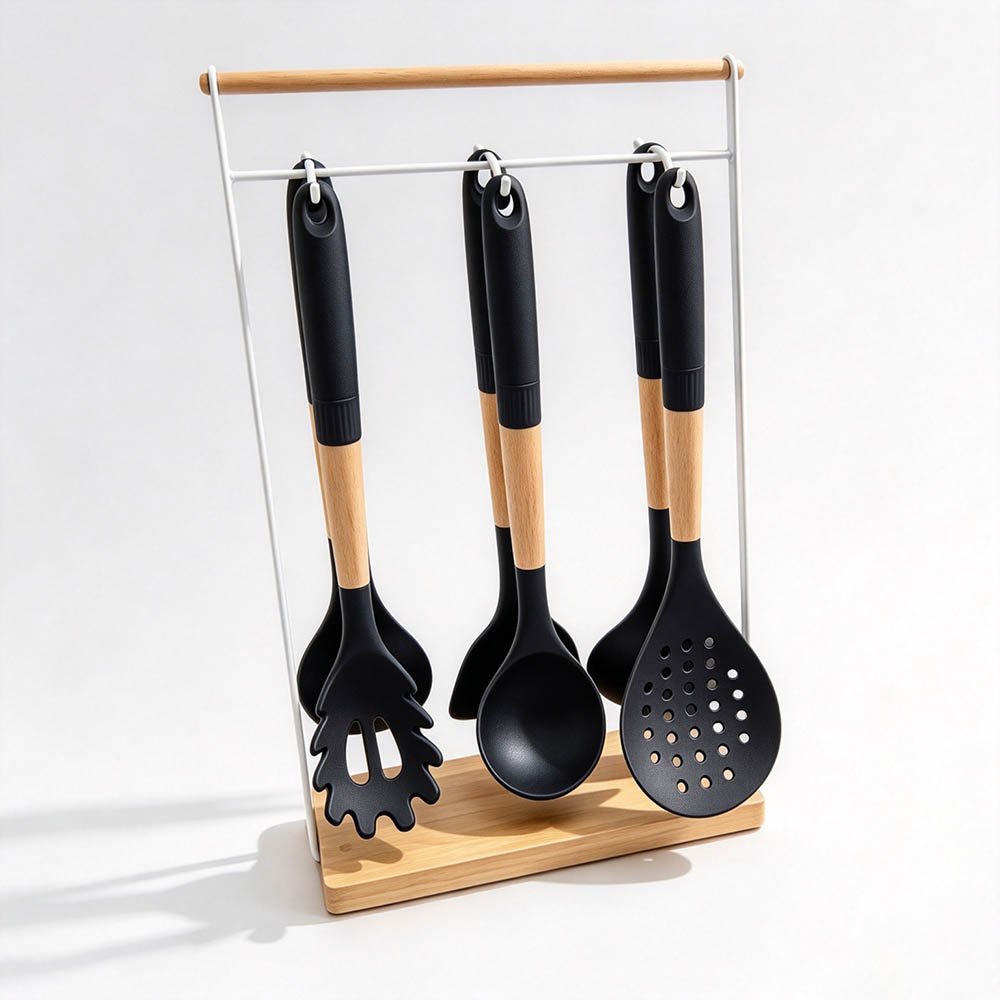 7-Piece Silicone Utensil Set with Square Iron Stand