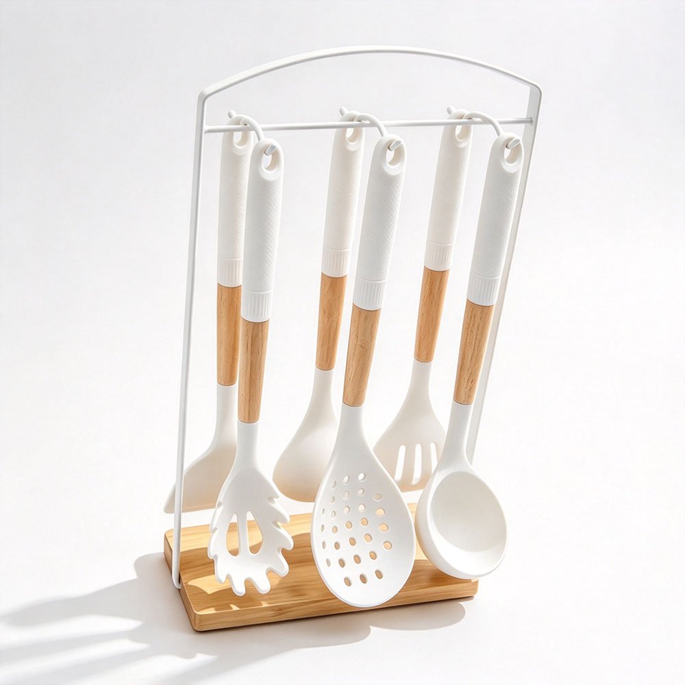 7-Piece Silicone Utensil Set with Square Iron Stand